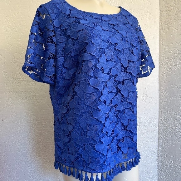 Nwt TALBOTS floral w/fringe blue top SZ 14 - Picture 2 of 10